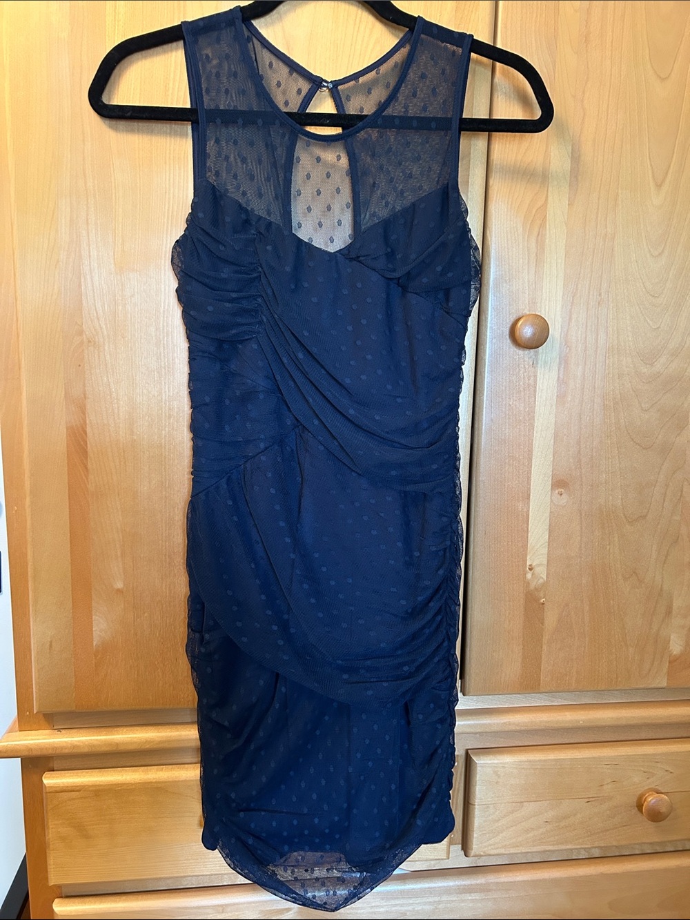 En Creme Navy Sheer Yoke Ruched Cocktail Dress